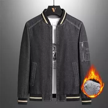 Осенние и зимние бархатные утолщенные мужские куртки для молодежи и людей среднего возраста с бейсбольным воротником Теплые куртки Модные куртки Джинсовые топы Трендовые M