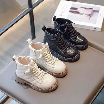 Осенние и зимние ботильоны для девочек, модные нескользящие короткие ботинки из искусственной кожи для мальчиков, детские корейские ботинки, осенняя обувь для девочек 26 insole16.2cm чёрный