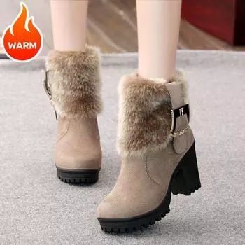 Осенние и зимние ботинки Martin Ботинки для зимы на высоком каблуке Короткие ботинки Теплые женские ботинки Утолщенные С толстым каблуком Нескользящие 35 чёрный