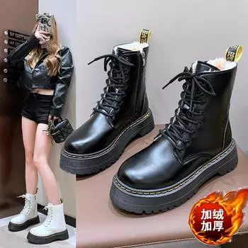 Осенние и зимние ботинки Martin женские красивые на толстой подошве износостойкие черные британские ветряные локомотивные короткие ботинки ретро бархатные ботинки обувь 35