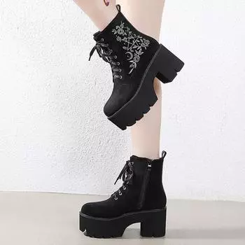 Осенние и зимние ботинки на платформе, массивные замшевые женские кожаные туфли в стиле панк, готическая обувь для ночного клуба, шнуровка сзади и молния 35 чёрный