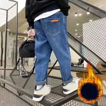 Осенние и зимние брюки для мальчиков, утолщенные цельные вельветовые детские свободные повседневные джинсы 150cm синий