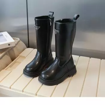 Осенние и зимние детские сапоги, высокие сапоги для девочек, осенне-зимние детские черные сапоги для девочек, мягкие сапоги с боковой молнией для девочек 26 чёрный