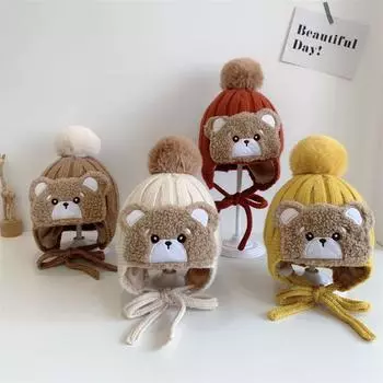 Осенние и зимние детские шапки, симпатичная большая шерстяная вязаная детская шапка для защиты ушей, очень милая теплая шерстяная шапка с маленьким медвежонком