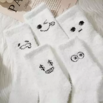 Осенние и зимние домашние толстые бархатные женские теплые носки милые забавные вышитые носки средней длины One size