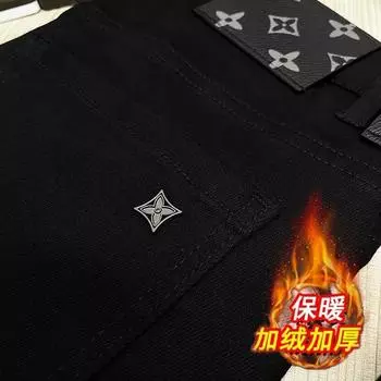 Осенние и зимние джинсы высокого класса, мужские модные новые облегающие брюки-скинни из эластичной ткани, повседневные утягивающие брюки с флисовой подкладкой, утолщенные 28 чёрный