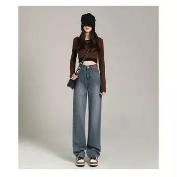 Осенние и зимние джинсы женские бархатные кожаные фирменный дизайн ретро свободные утолщенные теплые широкие штанины высокая талия прямые протирочные брюки S