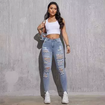Осенние и зимние европейские и американские рваные джинсы больших размеров для женщин, облегающие эластичные брюки-карандаш Amazon Small Leg XS светло-синий