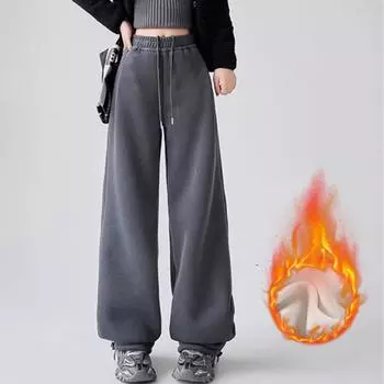 Осенние и зимние флисовые теплые повседневные широкие брюки для женщин, модные элегантные спортивные брюки с высокой талией, женские однотонные брюки больших размеров для женщин 25716 S темно-серого