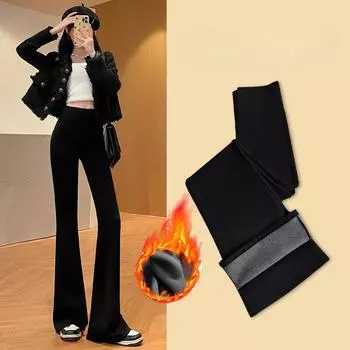 Осенние и зимние флисовые толстые широкие брюки с высокой талией для занятий йогой, леггинсы для фитнеса и спортзала, повседневная уличная одежда, черные расклешенные брюки XL чёрный