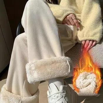 Осенние и зимние флисовые утолщенные женские брюки широкого кроя, свободные повседневные вельветовые брюки с завязками, однотонные простые прямые брюки, одежда 2052 S чёрный