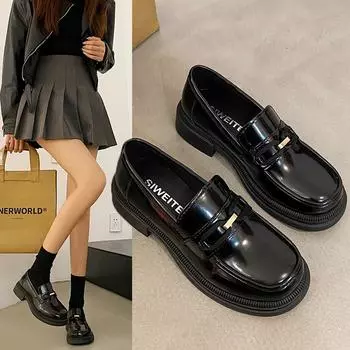 Осенние и зимние французские мокасины для женщин, невысокие люди с толстыми каблуками, британские женщины с кожаной обувью больших размеров 35 чёрный