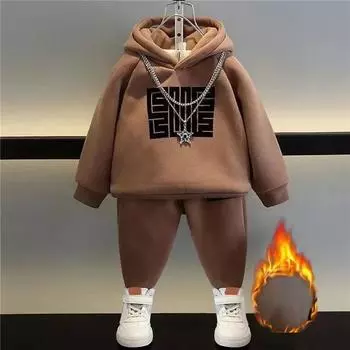 Осенние и зимние хлопковые толстовки для мальчиков, спортивная повседневная одежда, детский костюм, теплый бархатный свитер, топы и штаны, комплект из двух предметов 130cm синий