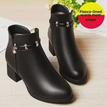 Осенние и зимние короткие сапоги: Туфли из нескользящей кожи на среднем каблуке с бархатной подкладкой для женщин среднего возраста 36