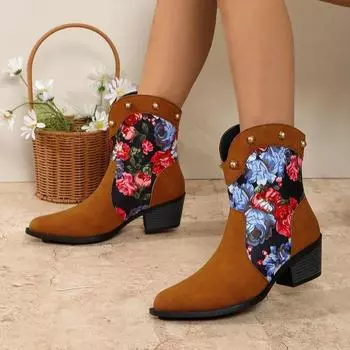 Осенние и зимние ковбойские женские сапоги с цветочными заклепками на толстом каблуке с острым носком короткие сапоги ковбойские сапоги сапоги большого размера 36 чёрный