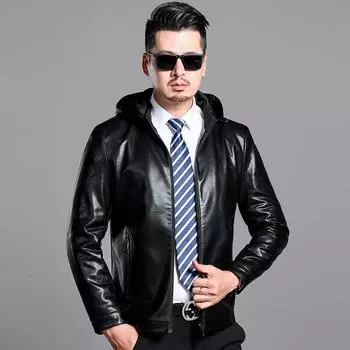 Осенние и зимние кожаные куртки для мужчин, повседневные куртки из овчины с капюшоном для мужчин среднего возраста 170