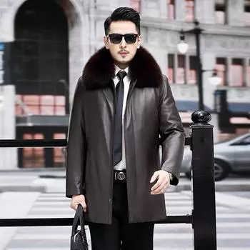 Осенние и зимние куртки из натуральной кожи для мужчин, деловые повседневные, высококлассные, модные куртки из натуральной кожи с воротником из лисьего меха M