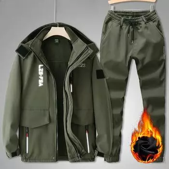 Осенние и зимние куртки плюс утепленный бархатный костюм, мужской водонепроницаемый комбинезон, защищающий от холода и теплая одежда для отдыха на природе, комплект из 2 предметов L чёрный