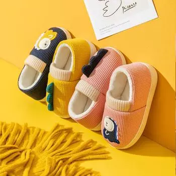 Осенние и зимние милые хлопковые тапочки с изображением динозавра из мультфильма для девочек, домашние нескользящие детские плюшевые теплые тапочки для детей 24-25 розовый