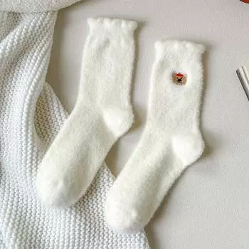 Осенние и зимние милые утолщенные плюшевые носки женские вышитые животные теплые носки до середины икры One size