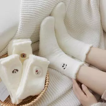Осенние и зимние милые утолщенные плюшевые носки женские вышитые животные теплые носки до середины икры One size
