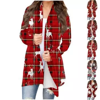 Осенние и зимние модели женской моды и отдыха с рождественскими принтами в длинном кардигане с капюшоном XXXL светло-серый