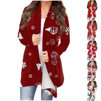 Осенние и зимние модели женской моды и отдыха с рождественскими принтами в длинном кардигане с капюшоном XXXL киноварь