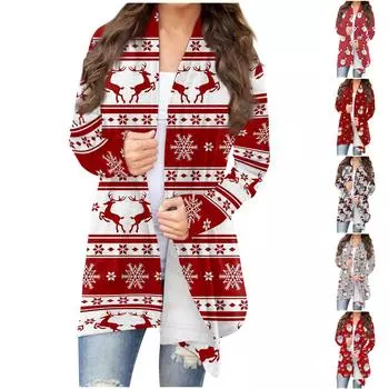 Осенние и зимние модели женской моды и отдыха с рождественскими принтами в длинном кардигане с капюшоном L светло-серый