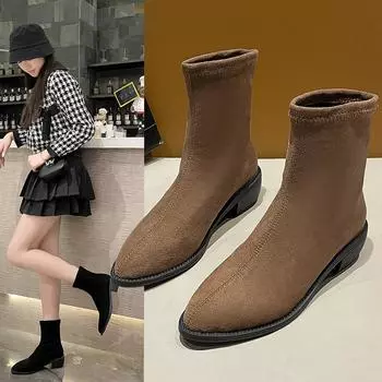 Осенние и зимние модные сапоги в стиле ретро. Замшевые сапоги на резинке с острым носком. 36 светло-коричневого
