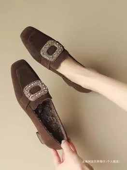 Осенние и зимние мокасины Sheep Flip Square Head женские плюшевые туфли на среднем толстом каблуке с глубоким вырезом плюшевые туфли женские 34