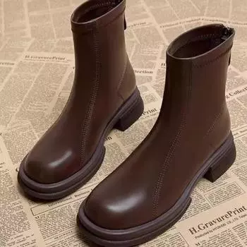 Осенние и зимние мягкие кожаные ботинки, женские корейские короткие ботинки, женские маленькие ботильоны, простые модные ботинки, тонкие ботинки 35 коричневый