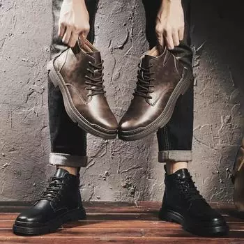 Осенние и зимние мужские ботинки средней длины, базовые, новые, высокие, в британском стиле, ретро, рабочие ботинки средней высоты, мужские, черные 38 чёрный