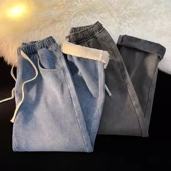 Осенние и зимние мужские брюки Утолщенные джинсы Прямые брюки Широкие брюки с эластичным поясом Повседневные брюки XXXL чёрный