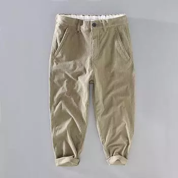 Осенние и зимние мужские брюки в стиле ретро, вельветовые брюки, повседневные брюки для дома и офиса, узкие брюки с девятью точками, простые брюки M хаки