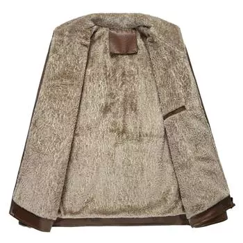 Осенние и зимние мужские кожаные куртки среднего и пожилого возраста с мехом. Универсальные мужские кожаные куртки с воротником-стойкой и бархатными утепленными мужскими кожаными куртками. 56 коричневый