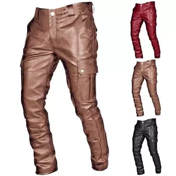 Осенние и зимние мужские однотонные брюки из искусственной кожи в стиле ретро, повседневные брюки-карго L чёрный