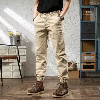 Осенние и зимние мужские повседневные брюки однотонные свободные брюки Harun модные трендовые уличные многослойные обтягивающие рабочие брюки 28 хаки