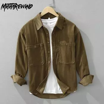 Осенние и зимние мужские рубашки с длинным рукавом в стиле ретро, свободная вельветовая рубашка с отложным воротником и двойными карманами, повседневная мужская одежда из чистого хлопка M зелёный