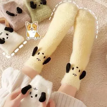 Осенние и зимние носки с рисунком из мультяшного меха, утолщенные, из норкового бархата, японские носки для сна до середины икры One size белый
