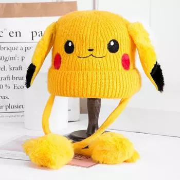 Осенние и зимние новые детские шапки мультяшные ушки будут двигаться плюшевая шерстяная шапка знаменитости из Интернета милые мальчики и девочки вязаная шапка one size fits all жёлтый