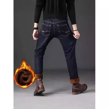 Осенние и зимние новые флисовые джинсы мужские свободные прямые толстые теплые брюки повседневные универсальные рабочие эластичные брюки 28