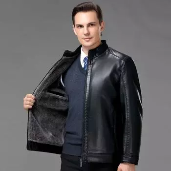 Осенние и зимние новые кожаные куртки и меховые куртки мужские из бархата с утолщенным воротником-стойкой для мужчин среднего и пожилого возраста 170