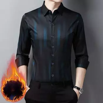 Осенние и зимние новые мужские бархатные утолщенные рубашки среднего возраста повседневные полосатые принтованные мужские рубашки M