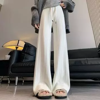 Осенние и зимние новые ретро-линии с мягкими и липкими вязаными широкими брюками на шнурке, универсальные женские брюки для швабры. One Size белый