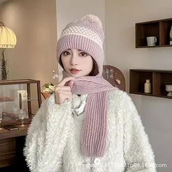 Осенние и зимние новые шапки женские плюшевые вязаные шапки универсальные теплые защитные наушники утолщенные модные повседневные шарфы average size