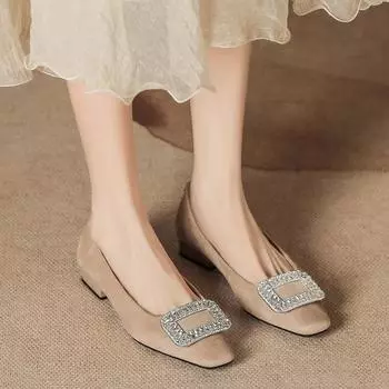 Осенние и зимние новые свадебные туфли со стразами женские замшевые туфли на толстом каблуке легкие мягкие низкие туфли на каждый день квадратный носок низкий каблук 35 чёрный