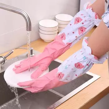 Осенние и зимние перчатки для мытья посуды, кухонные перчатки для чистки, водонепроницаемые, прочные, удлиненные флисовые толстые перчатки для стирки Average size синий