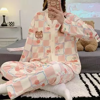 Осенние и зимние пижамы женские топы и брюки с рисунком медведя повседневная ночная рубашка кардиган на пуговицах одежда для сна домашняя одежда M розовый