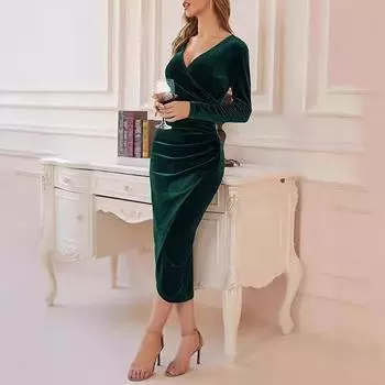 Осенние и зимние платья с V-образным вырезом и облегающим лифом, однотонные сексуальные платья средней длины S фиолетовый