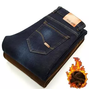 Осенние и зимние плотные и теплые мужские джинсы с бархатом, эластичные, прямые и свободные деловые джинсы 28